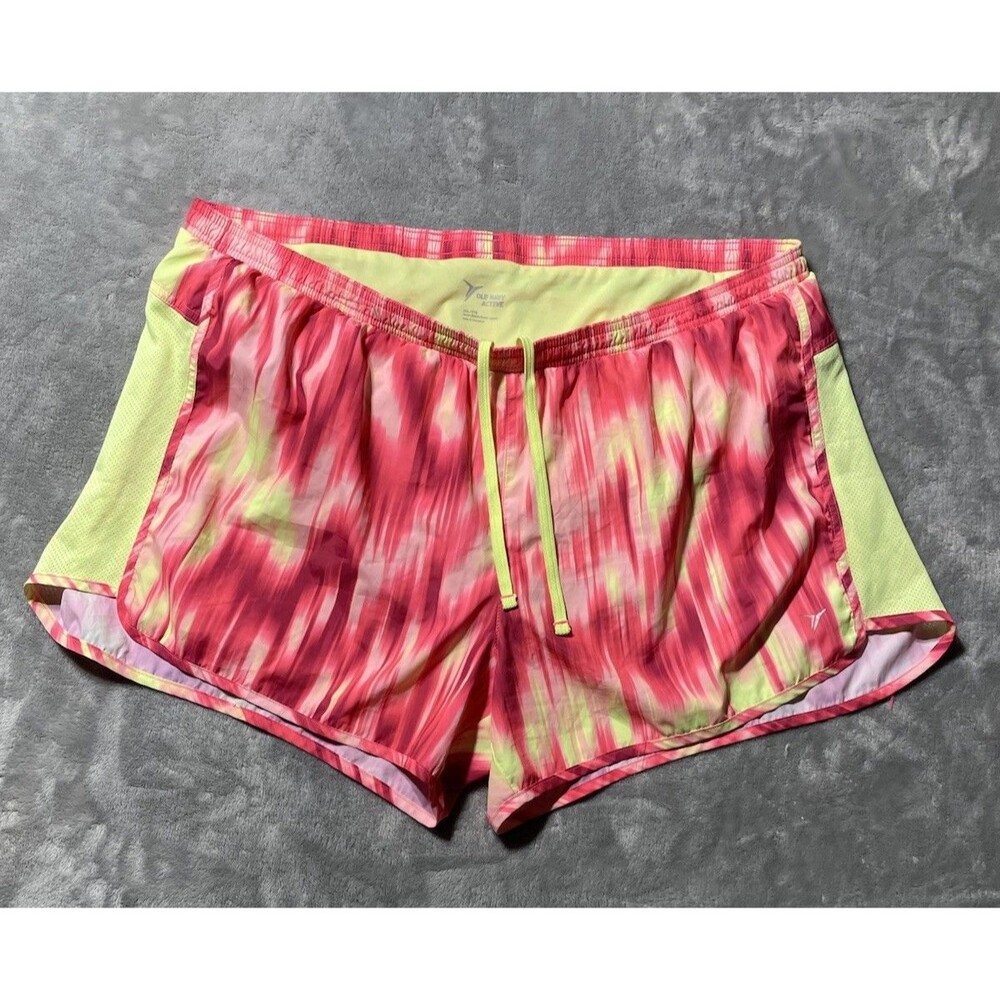 Old Navy Active Women’s Running Shorts Pink/Yellow Abstract Mesh Drawstring XXL